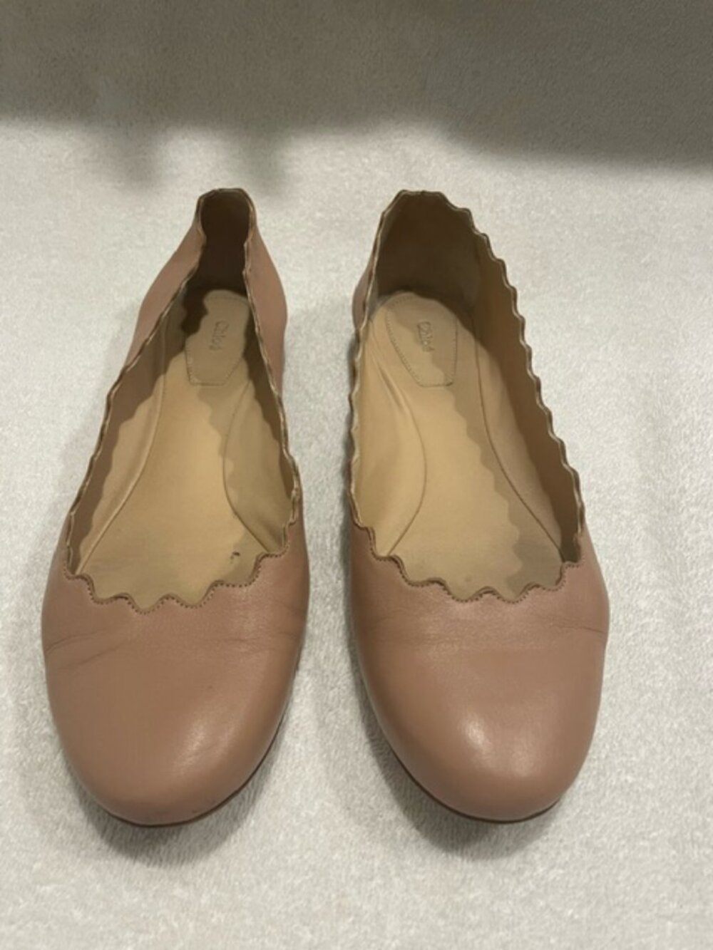 Chloe Lauren Scalloped Leather Ballerina Flats Tan Cream Womens 37.5 US 7.5